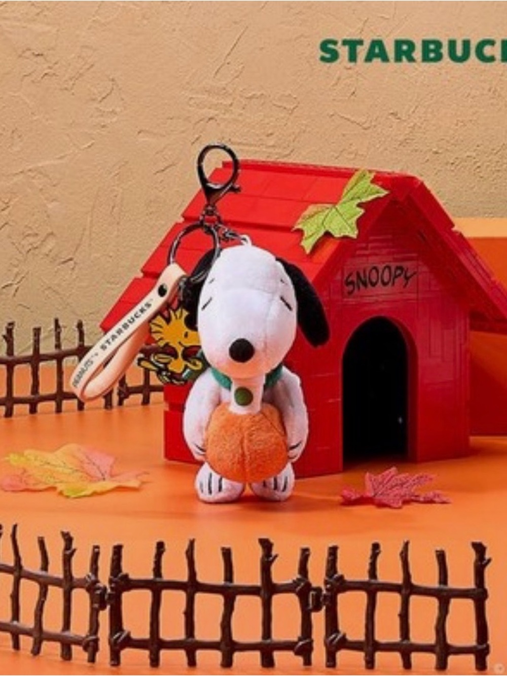 Starbucks Snoopy Plush Keychain in White, Black & Orange